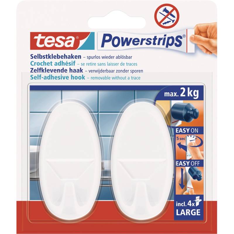 Tesa Selbstklebehaken Weiß oval 2 Stück mit 4 x Powerstrips Large von Tesa