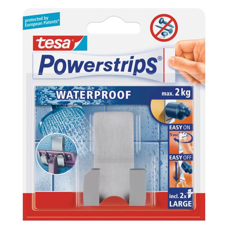 Tesa Waterproof Doppelhaken schmal Edelstahl mit 2 x Powerstrips Large von Tesa