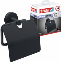 Moon black Toilettenpapierhalter mit Deckel, matt schwarz - WC-Rollenhalter zur Wandbefestigung ohne Bohren, inkl. Klebelösung - 53 mm x 140 mm x 128 von Tesa
