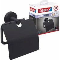 Moon black Toilettenpapierhalter mit Deckel, matt schwarz - WC-Rollenhalter zur Wandbefestigung ohne Bohren, inkl. Klebelösung - 53 mm x 140 mm x 128 von Tesa