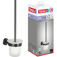 tesa® MOON WC-Garnitur, Set mit Halter & WC-Bürste in gebürstetem Grafit, mit satiniertem Glas - selbstklebend, aus PVD-beschichtetem Metall - ohne von Tesa