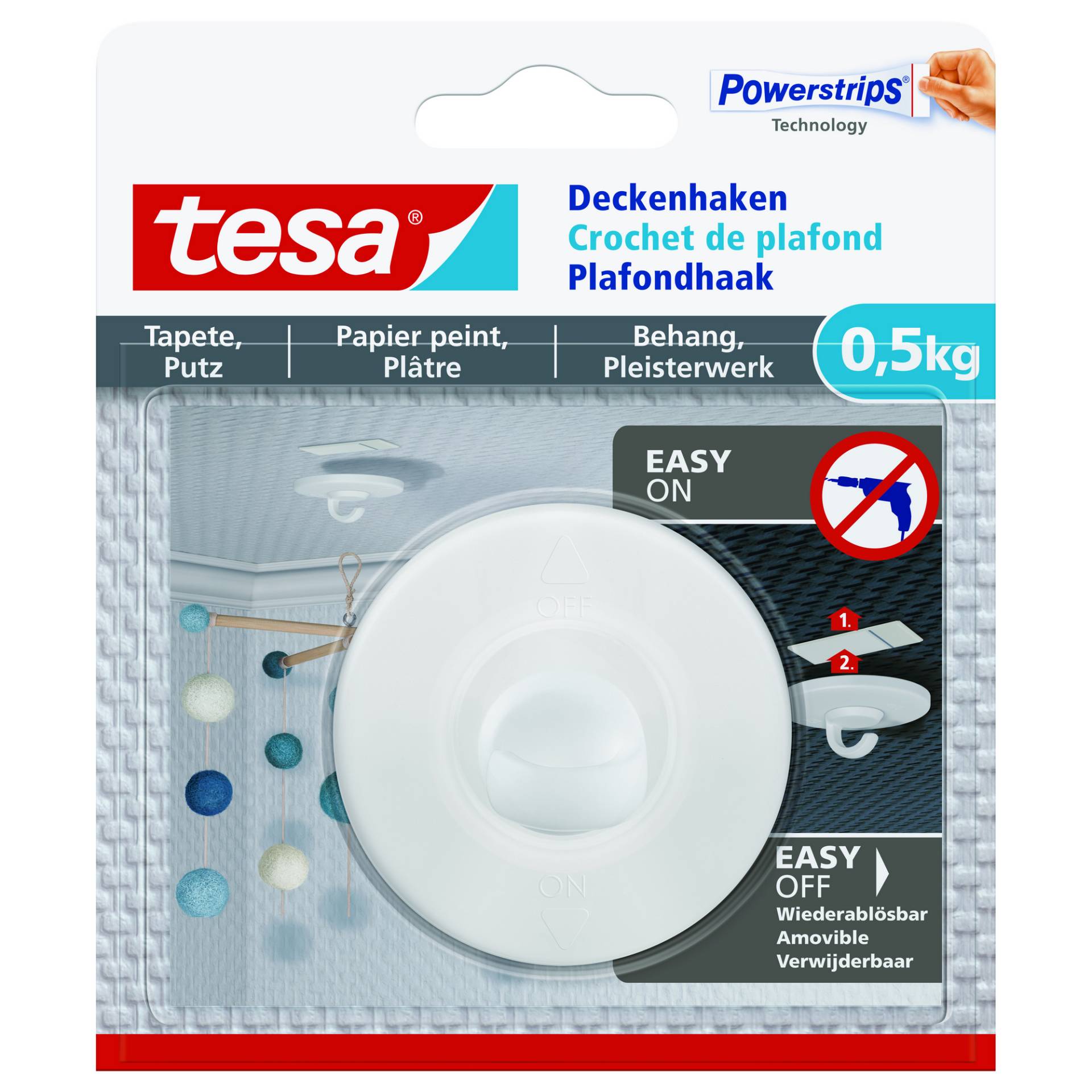 tesa Deckenhaken 'Powerstrips' weiß Tapete/Putz 0,5 kg von Tesa