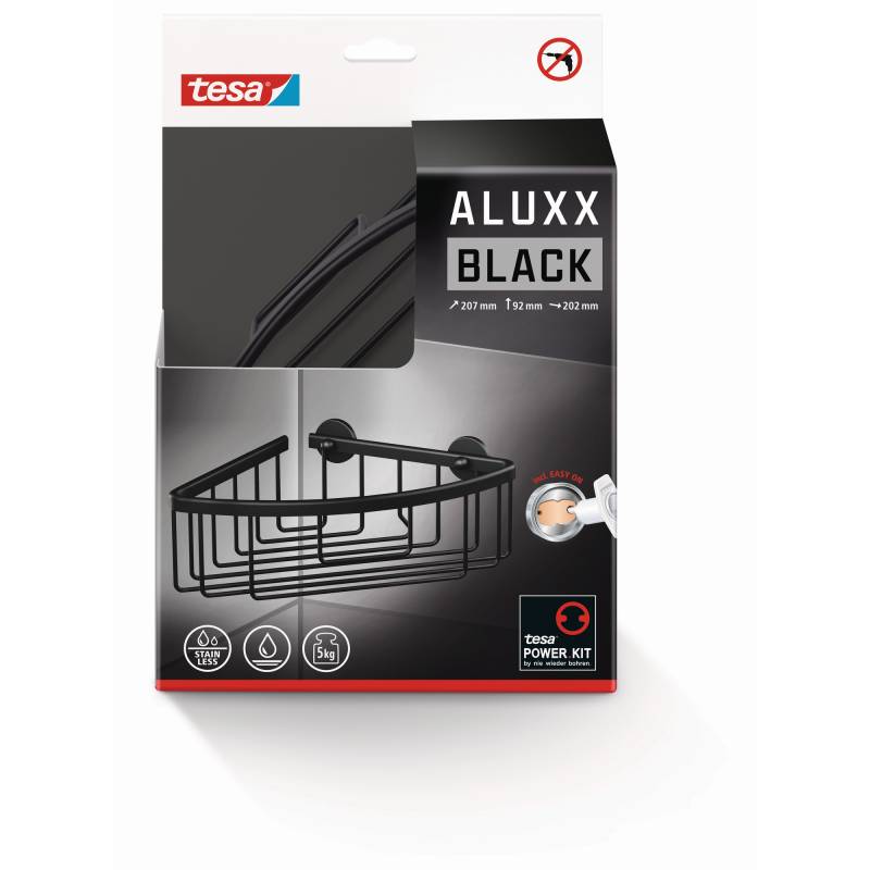 tesa Eck-Duschablage 'Aluxx Black' mattschwarz mit Klebelösung 20,7 x 9,2 x 20,2 cm von Tesa