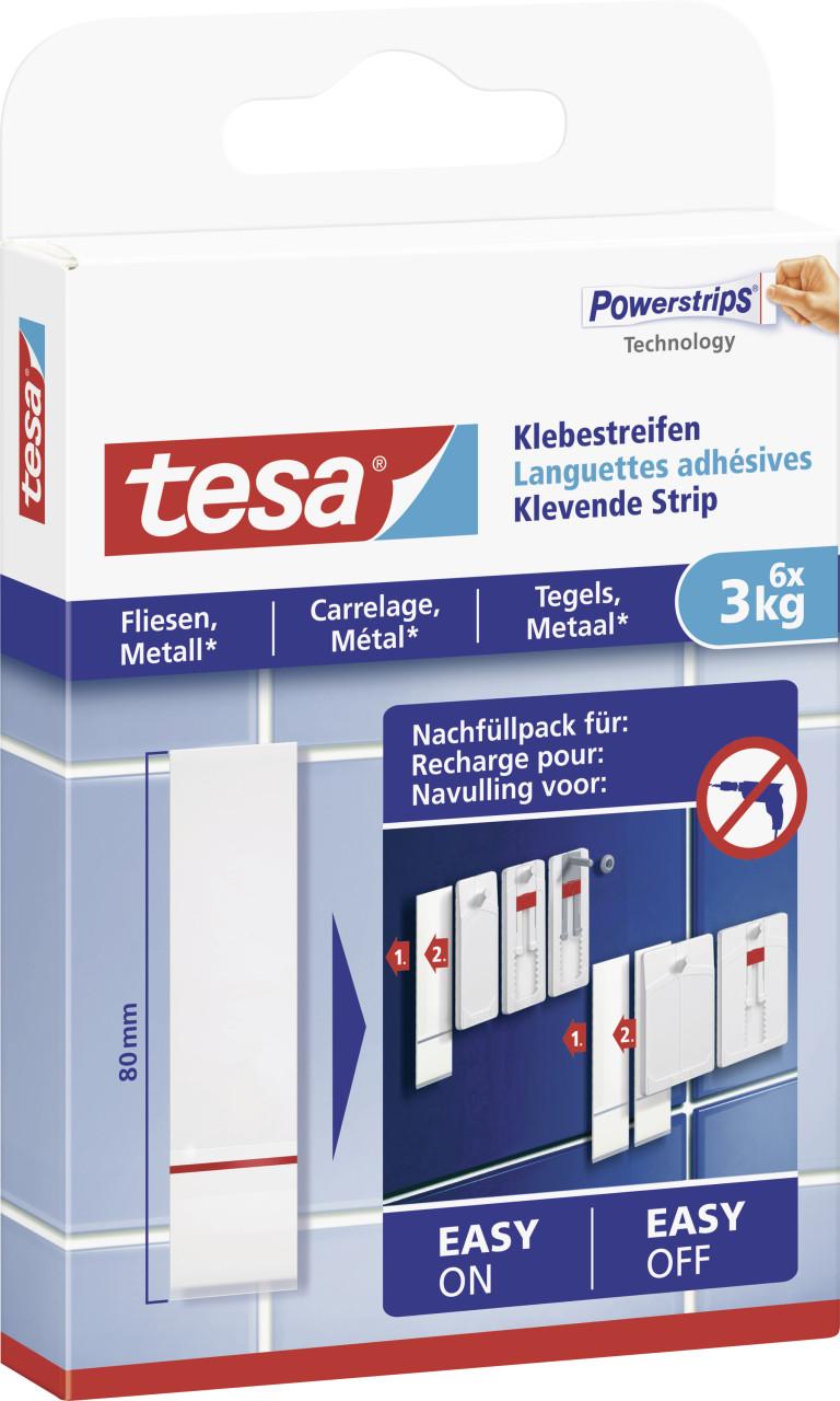 tesa Klebestreifen für Fliesen und Metall 6 Stück, Traglast 3 kg von Tesa
