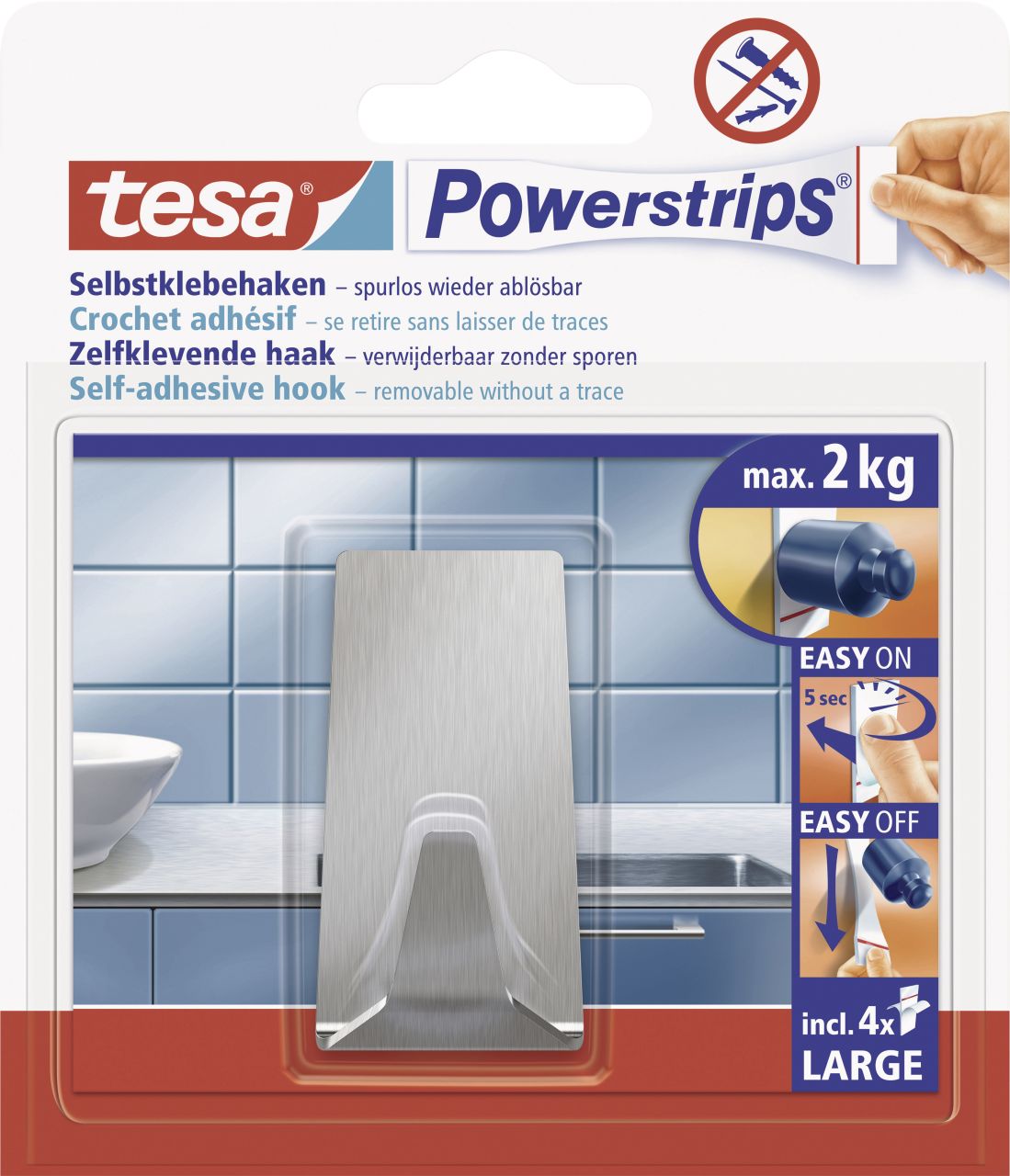 tesa Powerstrips Haken Large rechteckig, Edelstahl von Tesa