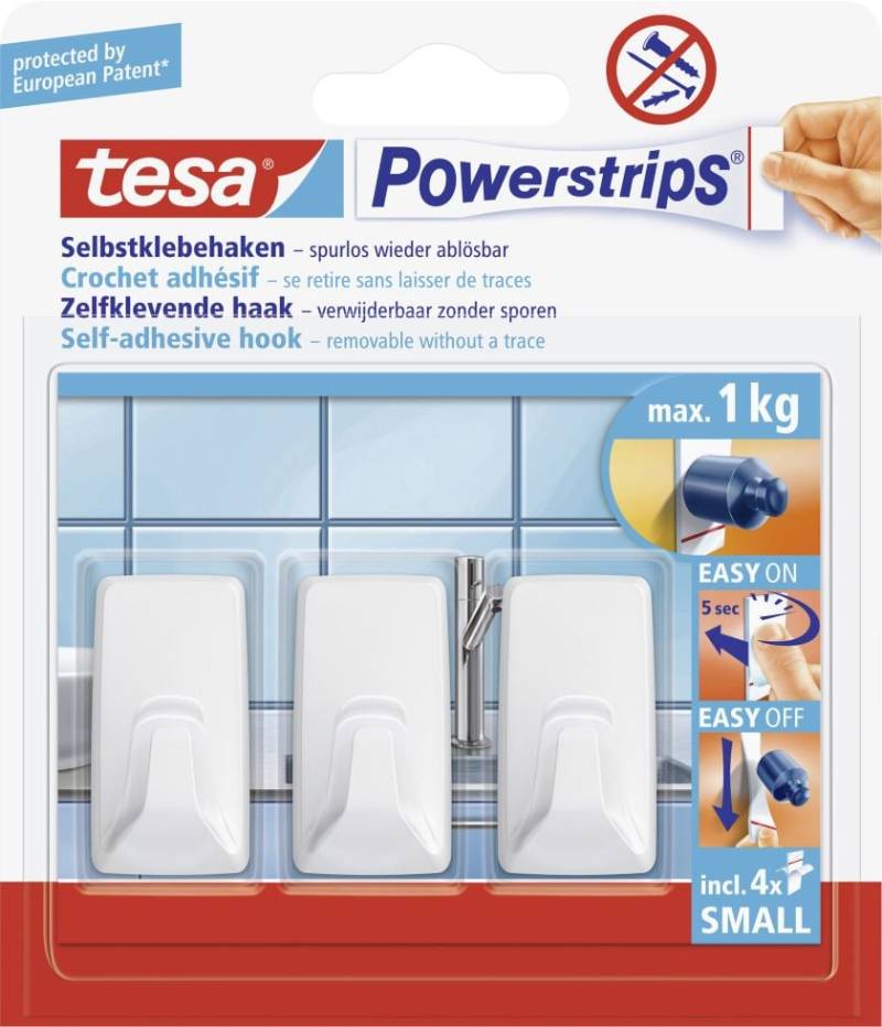 tesa Powerstrips Haken Small rechteckig, weiß, 3 Haken von Tesa