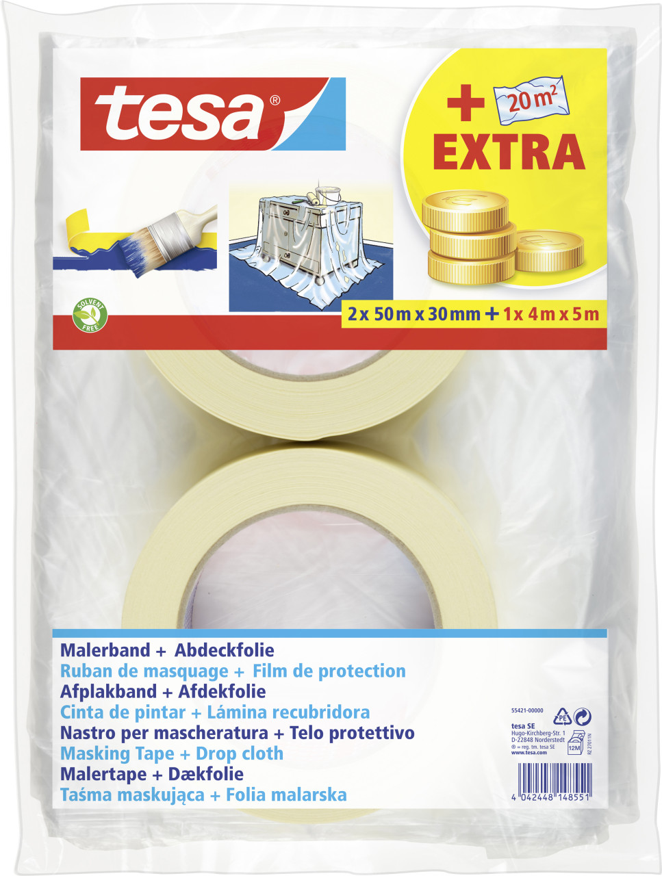 tesa Set Universal 2 x Kreppband 50 m x 30 mm, 1 x Abdeckfolie 4 x 5 m von Tesa