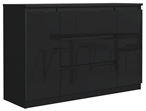 Tesconcept Kommode mit 3 Schubladen 120cm Schwarz Hochglanz, Sideboard Schrank mit 2 Türen, Mehrzweckschrank Regal Wohnzimmer Schlafzimmer Möbel | 120x78x40cm | Spanplatte Plattenstärke 18mm von Tesconcept