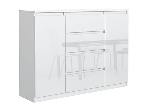 Tesconcept Kommode mit 4 Schubladen 120cm Weiß Hochglanz, Sideboard Schrank mit 2 Türen, Mehrzweckschrank Regal Wohnzimmer Schlafzimmer Möbel | 120x101,5x40cm | Spanplatte Plattenstärke 18mm von Tesconcept