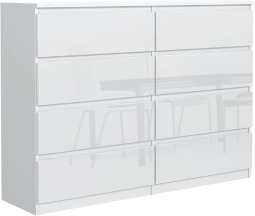 Tesconcept Kommode mit 8 Schubladen 120cm Weiß Hochglanz, Sideboard Schrank, Mehrzweckschrank Regal Wohnzimmer Schlafzimmer Möbel | 120x101,5x39cm | Spanplatte Plattenstärke 18mm4 von Tesconcept