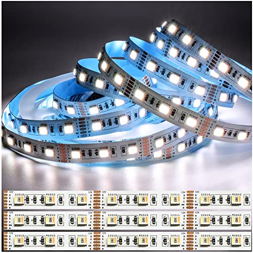 Tesfish 12V 5 in 1 Chip LED Streifen RGB+CCT, RGB + Weiß + Warmweiß (2800K bis 6500K) RGBCW 5M Mischfarben Strip Lichtband IP20 300 LEDs Band Lichtleiste Leiste von Tesfish