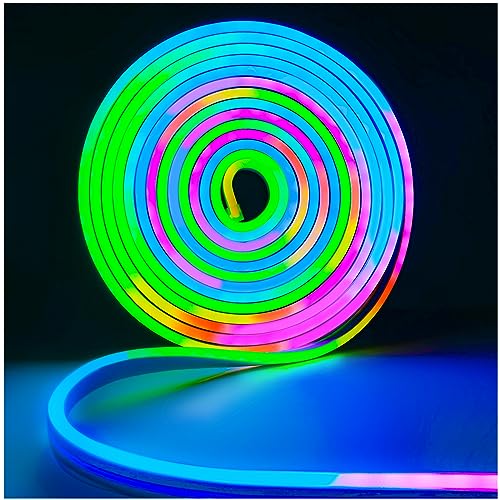 Tesfish 12V WS2811 Neon LED Streifen, RGB LED Pixel Strip 5 Meter Flexibel IP65 Wasserdicht LED Band Vollfarbiger Individuell Adressierbarer Smart LED Lichtleiste für DIY Werbung Dekoration von Tesfish