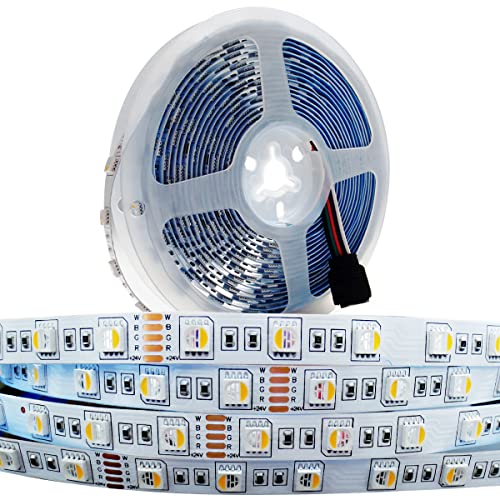 Tesfish 24V LED Streifen Licht, 4 in 1, RGBWW RGB + Warmweiß 3000K 5M Mischfarben LED Strip Lichtband SMD 5050 IP20 300 LEDs LED Band LED Lichtleiste LED Leiste für Schlafzimmer, Küche Dekoration von Tesfish