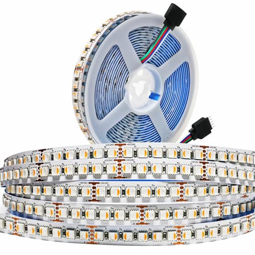 Tesfish 24V LED Streifen Licht, 4 in 1, RGBWW RGB + Warmweiß 3000K 5M Mischfarben Strip Lichtband SMD 5050 IP20 600 LEDs Band Lichtleiste Leiste für Schlafzimmer, Küche Dekoration von Tesfish