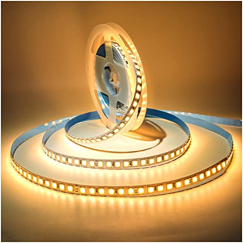 Tesfish 24V LED Streifen Licht, 5M Warmweiß 3000K Lichtleisten SMD 5054 IP20 120 LEDs/M, Total 600 LEDs Super Hell Bänder, Strips für Zuhause, Regal, Küche Dekoration von Tesfish