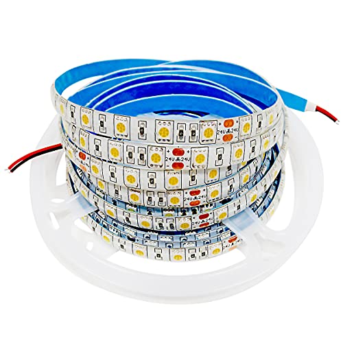 Tesfish 24V LED Streifen Licht, Warmweiß 3000-3400K 5M LED Strip Lichtband 5050 IP65 Wasserdicht 300 LEDs LED Band LED Leiste LED Lichtleiste für Schlafzimmer, Küche Dekoration von Tesfish