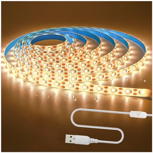 Tesfish 5V USB LED Streifen Licht, Warmweiß 3500K 3M Strip Lichtband 2835 IP65 Wasserdicht 180 LEDs Plug und Play band Lichtleiste Leiste mit Switch für Schlafzimmer, Küche Dekoration von Tesfish