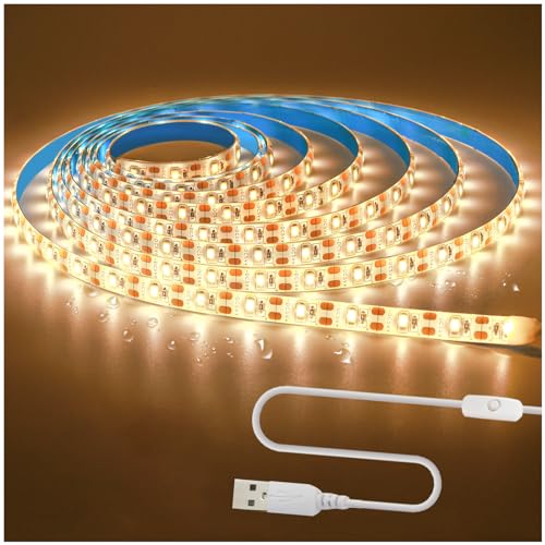 Tesfish 5V USB LED Streifen Licht, Warmweiß 3500K 3M LED Strip Lichtband 2835 IP65 Wasserdicht 180 LEDs Plug und Play LED band LED Lichtleiste LED Leiste mit Switch für Schlafzimmer, Küche Dekoration von Tesfish