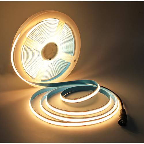 Tesfish LED Streifen Licht COB, DC 12V 5 Meter Band 480 LEDs/M Warmweiß 3000K Neon Licht Dimmbar Super Hell 5000LM Lichtleisten Leiste mit DC Anschluss für Party, Theke, Regal, Wohnkultur von Tesfish