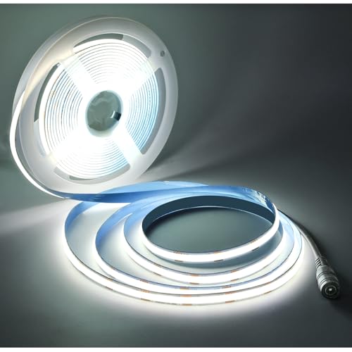 Tesfish LED Streifen Licht COB, DC 12V 5 Meter Band 480 LEDs/M Weiß 6000K Neon Licht Dimmbar Super Hell 5000LM Lichtleisten Leiste mit DC Anschluss für Party, Theke, Regal, Wohnkultur von Tesfish