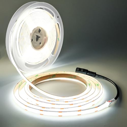 Tesfish LED Streifen Licht COB, DC 12V 5 Meter LED Band 480 LEDs/M Weiß 6000K Neon Licht Flexibel Super Hell LED Lichtleisten Leiste mit DC-Anschluss für Party, Theke, Regal, Wohnkultur von Tesfish