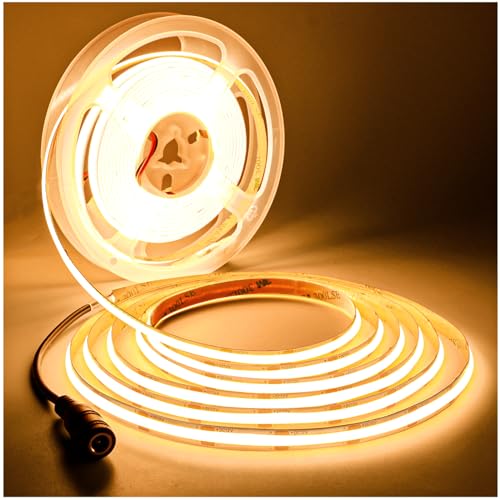 Tesfish LED Streifen Licht COB, DC 12V 5 Meter Band 480 LEDs/M Warmweiß 3000K Neon Licht Flexibel Super Hell Lichtleisten Leiste mit DC-Anschluss für Party, Theke, Regal, Wohnkultur von Tesfish