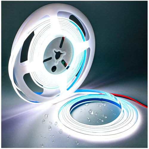Tesfish LED Streifen Lichts 12V, 5mm Breit Ultra Dünn Band COB Weiß 6000K 5 Meter 384 LEDs/M Insgesamt 1920 LEDs Neon Licht Flexibel Lichtleisten Leiste für Party, Theke, Regal, Wohnkultur von Tesfish