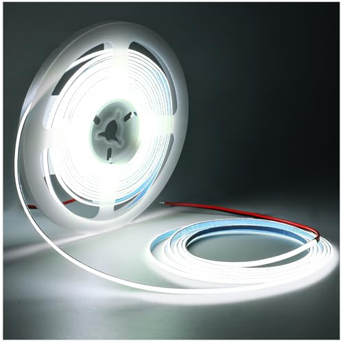 Tesfish LED Streifen Lichts 12V 3mm Breit Ultra Dünn Band COB Weiß 6000K 5 Meter 384 LEDs/M Insgesamt 1920 LEDs Neon Licht Flexibel Lichtleisten Leiste für Party, Theke, Regal, Wohnkultur von Tesfish