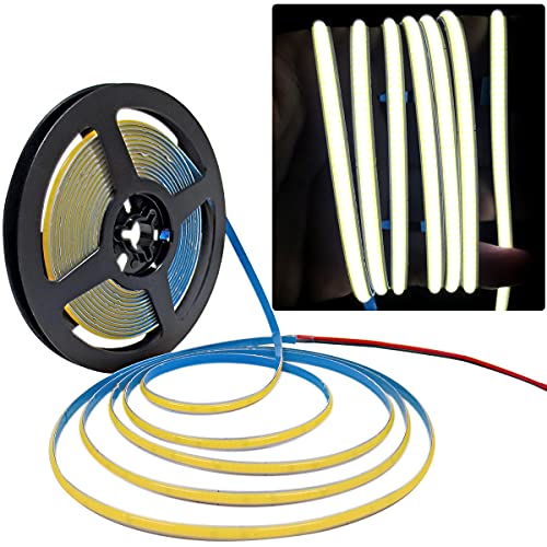 Tesfish LED Streifen Lichts 24V, 5mm Breit Ultra Dünn Band COB Weiß 6000K 5M 480 LEDs/M Insgesamt 2400 LEDs Neon Licht Flexibel Lichtleisten Leiste für Party, Theke, Regal, Wohnkultur von Tesfish