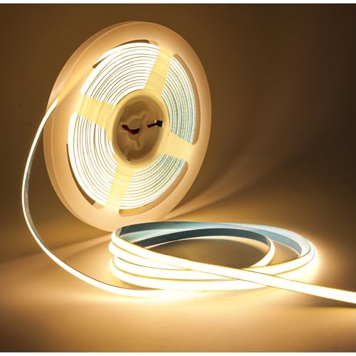 Tesfish LED Streifen Lichts 24V, 5mm Breit Ultra Schmal Band COB Warmweiß 3000K 5 Meter 400 LEDs/M Insgesamt 2000 LEDs Neon Licht Lichtleisten Leiste für Party, Theke, Regal, Wohnkultu von Tesfish