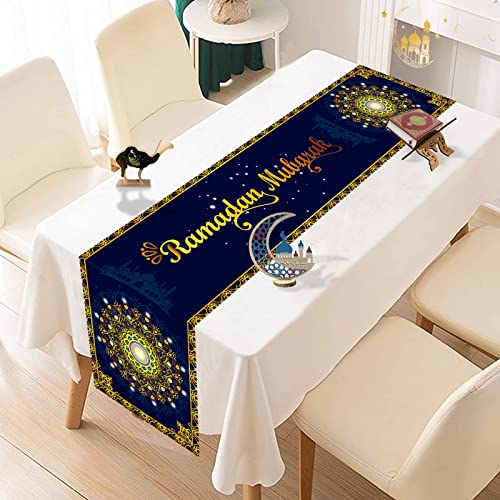 Eid Ramadan Mubarak Tischläufer, Blau Gold Islamische Ramadan Dekorationen Tischläufer, Eid Mubarak Tischwäsche Tischdecke Dekor für Zuhause Esszimmer Muslimisch Ramadan Mubarak Festival, 35 x 180 cm von Teslite