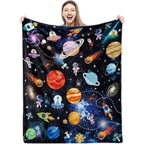 Kuscheldecke Weltraum Jungen Kinder, Weich Warm Flauschige Decke Weltraum Astronaut Flanell Fleecedecke, Plüsch Kuscheldecke Rakete Planet Wohndecke Überwurfdecke für Kleinkind Couch Sofa, 100x130 cm von Teslite