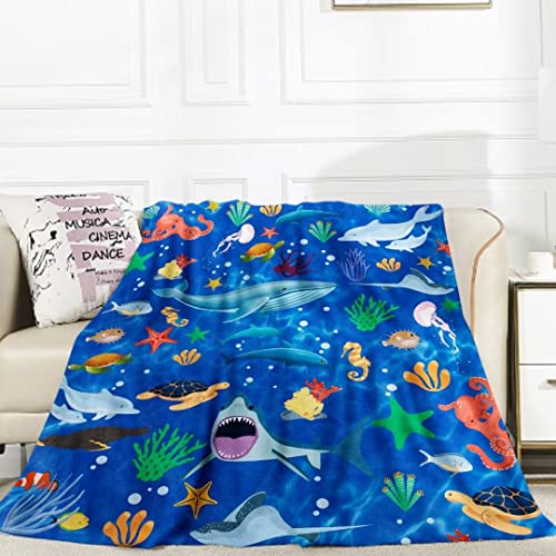 Teslite Marine Life Kuscheldecke Decke,50 x 60 Inch Kuscheldecke Kinder Ozean Weich Warm Plüsch Delphin Hai Quallen Flanell Flauschige Decke Ozean Meereslebewesen Fleecedecke Wohndecke Überwurfdecke von Teslite