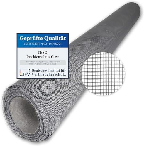 TESO Insektenschutz Gaze - Mückenschutz - Fliegengitter - UV-Beständig - mit PVC Beschichtung - einzeln verpackt Grau, 120 x 250cm) von TESO