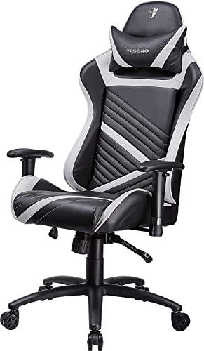 Tesoro Zone Speed Gaming Stuhl F700 Weiß/Schwarz - schmaler Gamer Stuhl mit Wippfunktion, PU-Leder, verstellbare Armlehnen, Nackenkissen von Tesoro