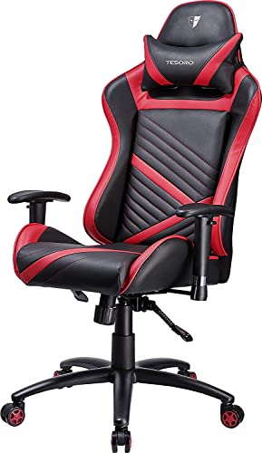 Tesoro Zone Speed Gaming Stuhl F700 Rot/Schwarz - schmaler Gamer Stuhl mit Wippfunktion, PU-Leder, verstellbare Armlehnen, Nackenkissen von Tesoro
