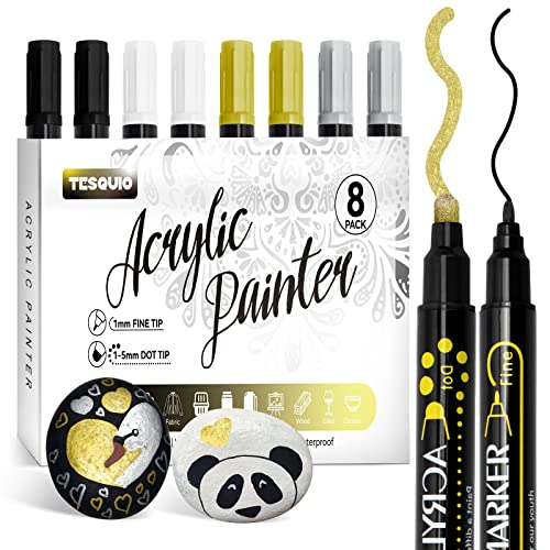 Metallic Marker Stifte Set Dual Tip Acrylstifte 8pcs Permanente Acrylmarker Steine Bemalen Stift für Osterdekoration, Holz, Glas, Papier, Keramik (Weiß, Schwarz, Gold und Silber) von Tesquio