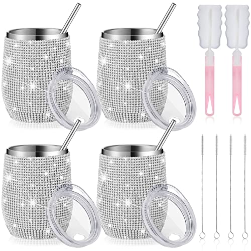 4er-Set glitzernde Flaschen, Diamant-Wasserflaschen, 340 ml, Edelstahl, Strass, Weinglas mit Deckel, Strohhalmen und Reinigungsbürste, isolierte Glitzerbecher für Damen (Silber) von Tessco for you