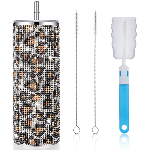 Glitzer-Wasserflasche, 590 ml, Diamant-Glitzer-Becher, Strass-Becher, isolierter Bling-Becher mit Deckel und Strohhalm, glitzernder Becher mit Bürste für Wasser für Frauen (Leopardenmuster) von Tessco for you