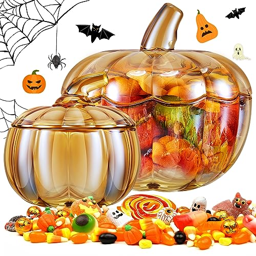 Tessco 2 Stück 1,984.5 g Glas Kürbis Süßigkeiten Glas mit Deckel Halloween Kürbis Gläser Süßigkeitenschale Glas Süßigkeitenschale mit Deckel für Thanksgiving Day Heimdekoration (groß, klein, von Tessco for you