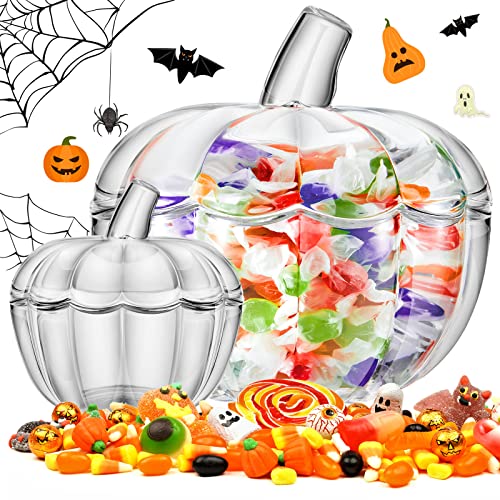 Tessco 2 Stück 1,984.5 g Glas Kürbis Süßigkeiten Glas mit Deckel Halloween Kürbis Gläser Süßigkeitenschale Glas Süßigkeitenschale mit Deckel für Thanksgiving Day Heimdekoration (groß, klein, von Tessco for you