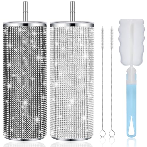 Tessco Bling Tumbler 590 ml Strass Tasse Weihnachten Geschenk Tasse Glitzer Diamant Flasche mit Deckel und Strohhalm Edelstahl Bling Thermo-Wasserflasche für Frauen (Silber, Schwarz) von Tessco for you