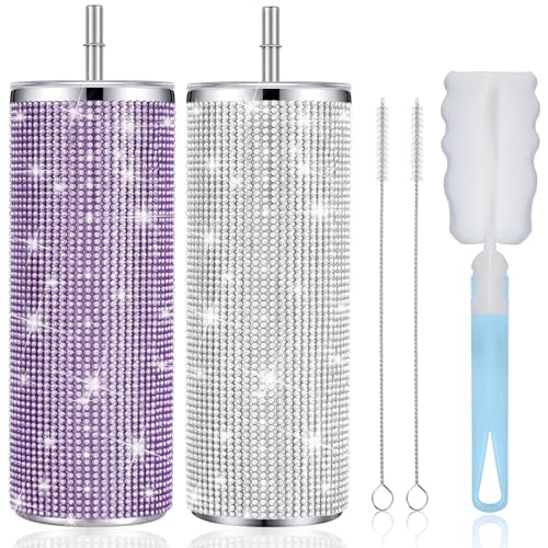 Tessco Bling Tumbler 590 ml Strass Tasse Weihnachten Geschenk Tasse Glitzer Diamant Flasche mit Deckel und Strohhalm Edelstahl Bling Thermo-Wasserflasche für Frauen (Silber, Violett) von Tessco for you