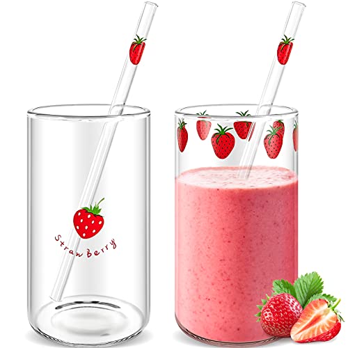 Tessco Erdbeerbecher mit Strohhalm, Erdbeerglas, Trinkkirsche, transparent, Beerenmuster, Gläser, Flasche für Saft, Wasser, Milch, Kaffee, Tee, 2 Sets von Tessco for you