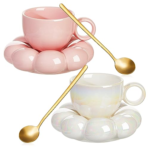 Keramiktasse mit Wolkenmotiv, niedliche Tasse mit Untersetzer, 200 ml, süße Keramik-Kaffeetasse mit Untertasse, Set für Büro, Zuhause, Kaffee, Tee, Latte-Milch, Rosa und Perlweiß (Sonnenblume) von Tessco for you