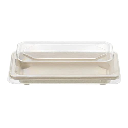 Tessera Bio Products QST04 Zuckerrohr Sushi-Tablett N.04 mit Klarem PET Deckel, Naturfarbe, 16.4cm Länge, 8.9cm Breite, 2.1cm Höhe, 50 Stück von Tessera Bio Products