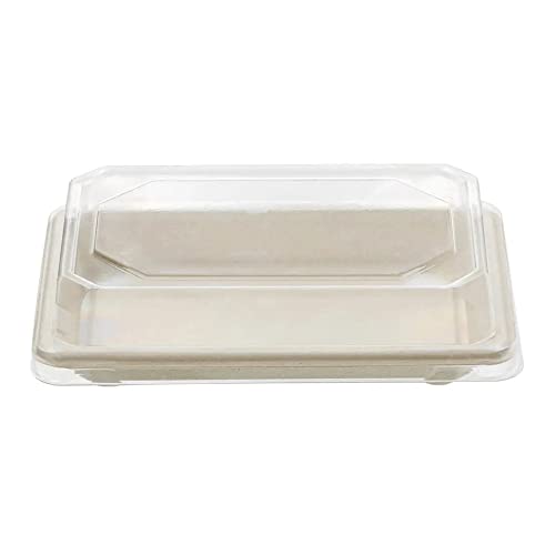 Tessera Bio Products QST08 Zuckerrohr Sushi-Tablett N.08 mit Klarem PET Deckel, Naturfarbe, 16.5cm Länge, 11.5cm Breite, 2.1cm Höhe, 50 Stück von Tessera Bio Products