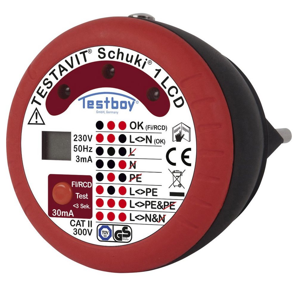 Testboy Spannungsprüfer Testboy Testavit Schuki 1 LCD Steckdosentester CAT II 300 V LCD, LED, (Testavit Schuki 1 LCD) von Testboy