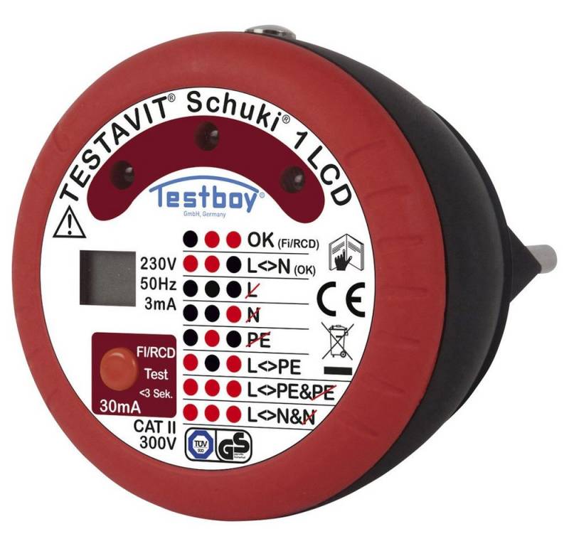 Testboy Spannungsprüfer Testboy Testavit Schuki 1 LCD Steckdosentester CAT II 300 V LCD, LED, (Testavit Schuki 1 LCD) von Testboy