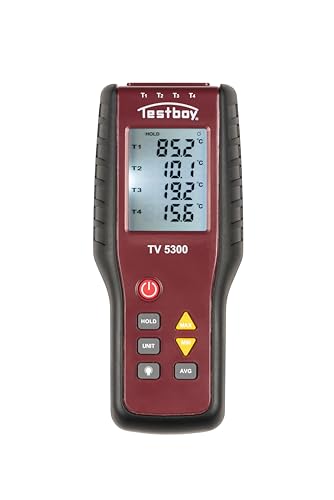 Testboy TV 5300 4-Kanal Thermometer, Temperaturmessgerät (Data-Hold Funktion, 4 Anschlussmöglichkeiten, Vor- und Rücklauf messbar, Messbereich: -200 °C bis 1372 °C, LC-Display, inkl. 2 Messklemmen) von Testboy
